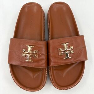Tory Burch Tan Leather Slide Sandals with Gold Logo